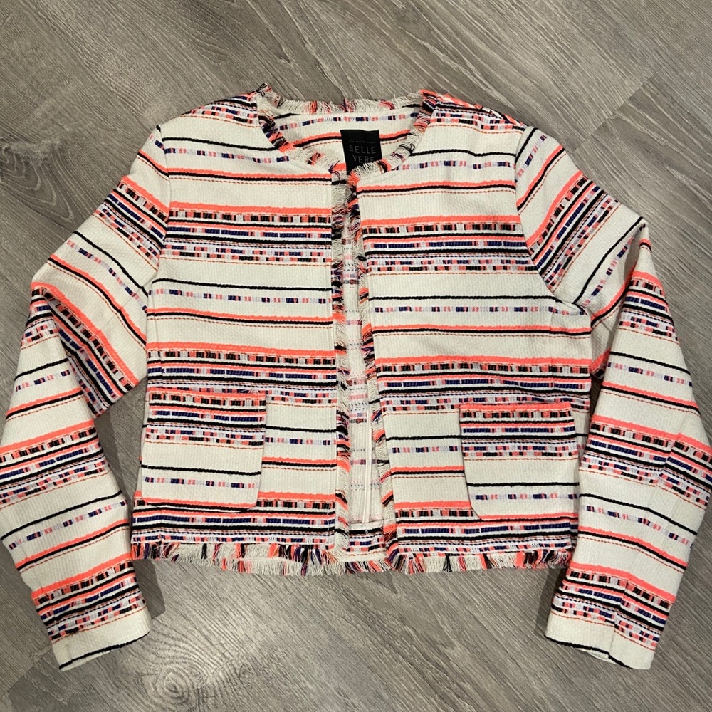 Anthropologie Belle Vere Tweed Fringe Blazer